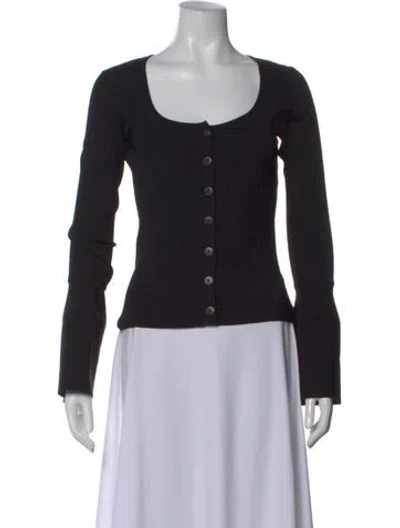 Pre-owned Alexis Scoop Neck Long Sleeve Button-up Top In Black