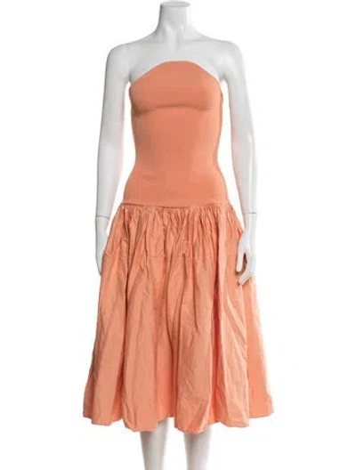 Pre-owned Alexis Strapless Midi Length Dress In Orange