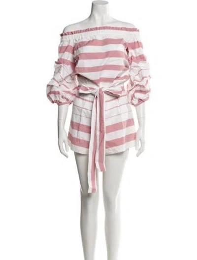 Pre-owned Alexis Striped Off-the-shoulder Romper In White