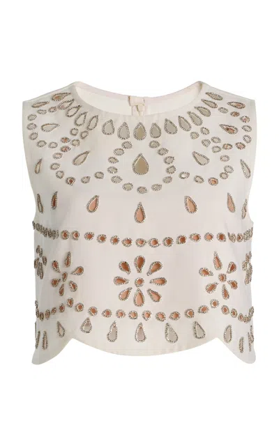 Alexis Tavy Crystal-embellished Cutout Stretch-crepe Crop Top In White