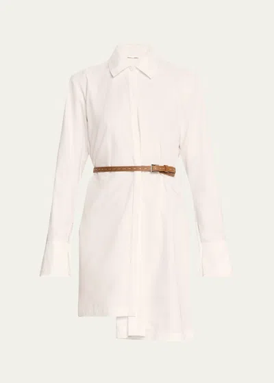Alexis Veni Belted Asymmetric Poplin Mini Shirtdress In White