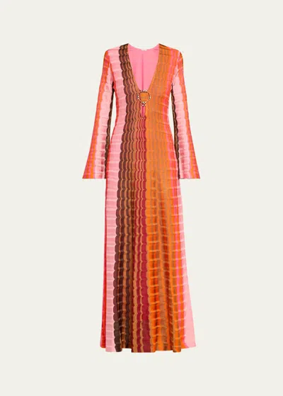 Alexis Vibe Wavy Knit Flared-sleeve Maxi Dress In Orange Multi