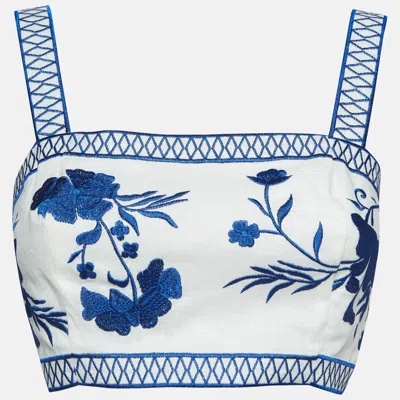 Pre-owned Alexis White/blue Embroidered Linen Crop Top S