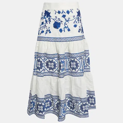 Pre-owned Alexis White/blue Embroidered Linen Midi Skirt S