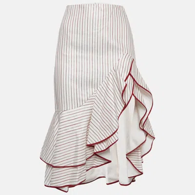 Pre-owned Alexis White/red Striped Linen Blend Ruffled Skirt Xs