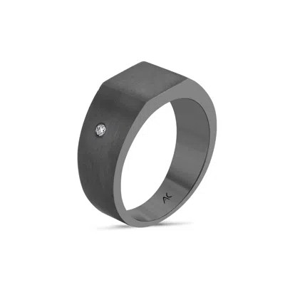 Aleyna Cebeci Jewelry Men's Handcrafted Black Rhodium Plated Silver Square Signet Ring With White Diamond
