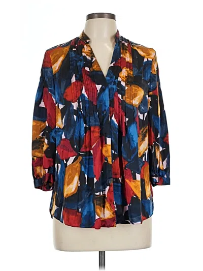 Pre-owned Alfani 3/4 Sleeve Silk Top Blue Plunge Neckline Tops