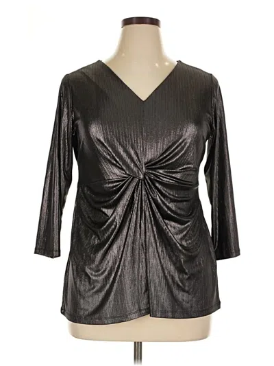 Pre-owned Alfani 3/4 Sleeve Top Silver Metallic Pattern Plunge Neckline Tops