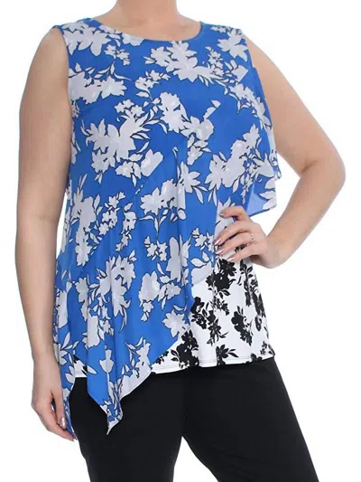 Alfani Asymmetrical Mixed Print Sleeveless Jewel Neck Top In Blue Floral In Multi