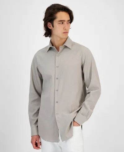 Alfani Dobby Dress Shirt Mens Tan Stretch Long Sleeve Button-up Slim Fit Fts95 In Gray