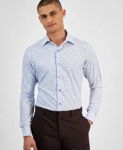 Alfani Dress Shirt Men's Blue 4-way Stretch Textured Slim-fit Ups439