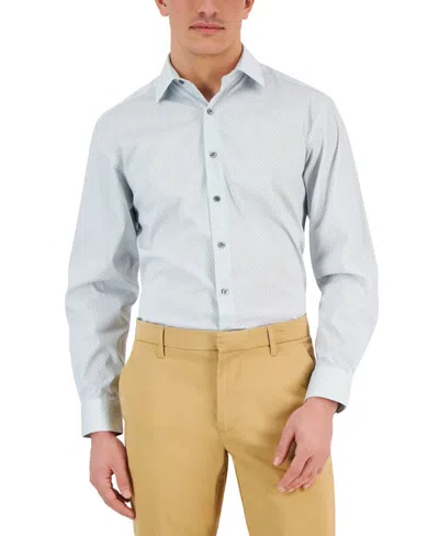 Alfani Dress Shirts Men's White Teal Honeycomb Print Stretch Button Up Klss100 (green,regular,17-17 12 36-3 In Blue