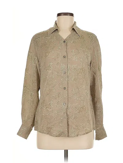 Pre-owned Alfani Long Sleeve Silk Top Tan Paisley Pattern Collared Neckline Tops In Brown