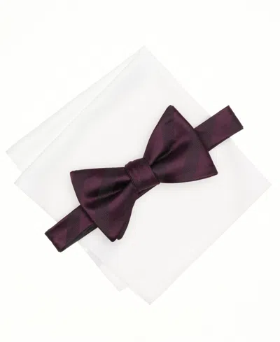 Alfani Men's Balaton Stripe Bow Tie & Solid Pocket Square Set, Exclusively At Macy's In Burgundy