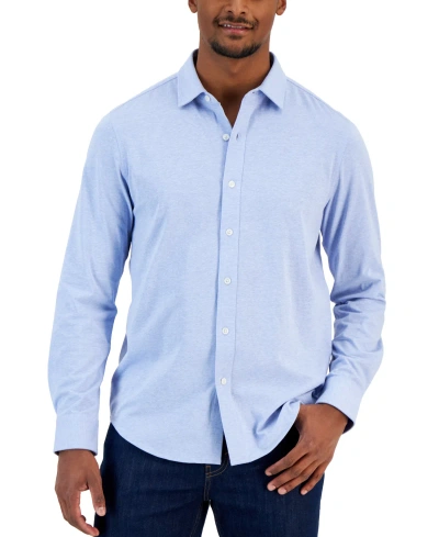Alfani Men's Classic-fit Heathered Jersey-knit Button-down Shirt, Created For Macy's In Blue Myrtle