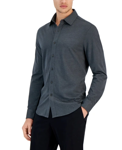 Alfani Men's Classic-fit Heathered Jersey-knit Button-down Shirt, Created For Macy's In Dark Lead Heather