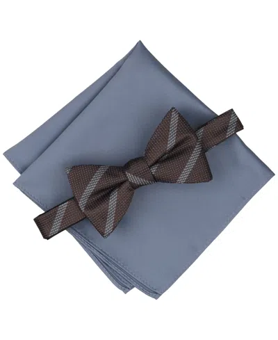 Alfani Men's Clyde Stripe Pre-tied Bow Tie And Pocket Square, 2-piece Set In Brown,light Blue