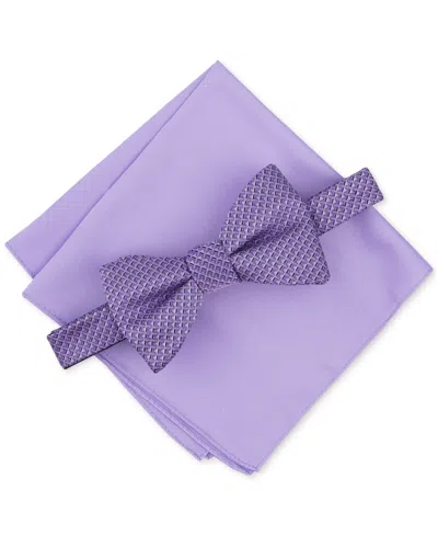 Alfani Men's Galway Mini-chevron Bow Tie & Solid Pocket Square Set, Created For Macy's In Blue