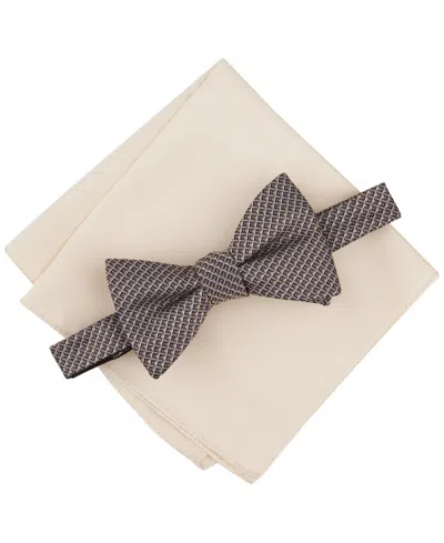 Alfani Men's Galway Mini-chevron Bow Tie & Solid Pocket Square Set, Created For Macy's In Taupe