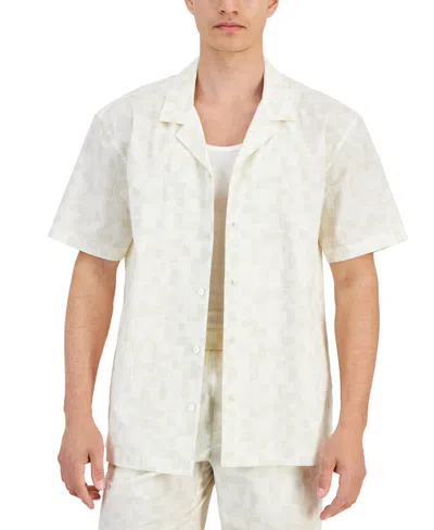 Alfani Men's Grand Regular-fit Geo-print Button-down Seersucker Camp Shirt, Created For Macy's In Vanilla Ice