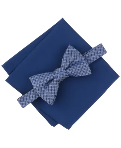 Alfani Men's Huron Plaid Bow Tie & Solid Pocket Square Set, Exclusively At Macy's In Blue
