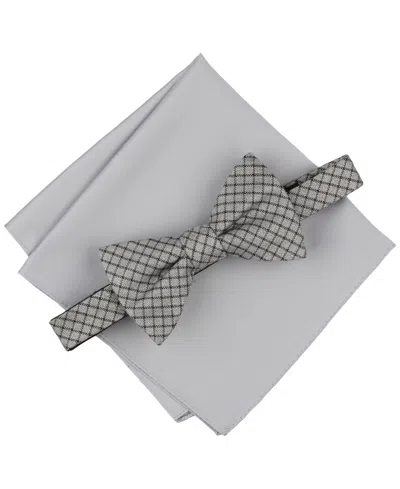 Alfani Men's Huron Plaid Bow Tie & Solid Pocket Square Set, Exclusively At Macy's In Gray