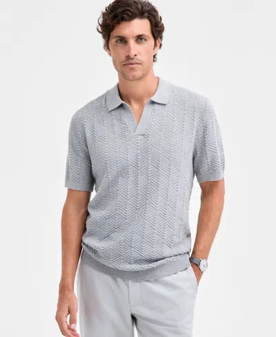 Alfani Men's Johnny-collar Ribbed Geo Polo Shirt, Macy's Exclusive In Gray