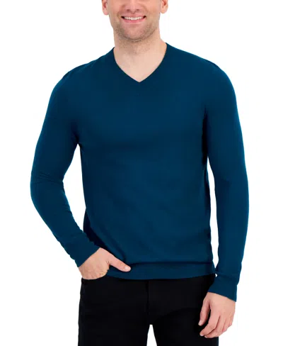 Alfani Men's Long-sleeve V-neck Merino Sweater, Created For Macy's In Blue