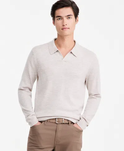 Alfani Men's Long-sleeve Johnny Collar Merino Sweater, Created For Macy's In Dune Stone Hthr B2785