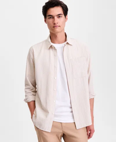 Alfani Men's Long-sleeve Puckered Stripe One Pocket Shirt, Macy's Exclusive In Multi