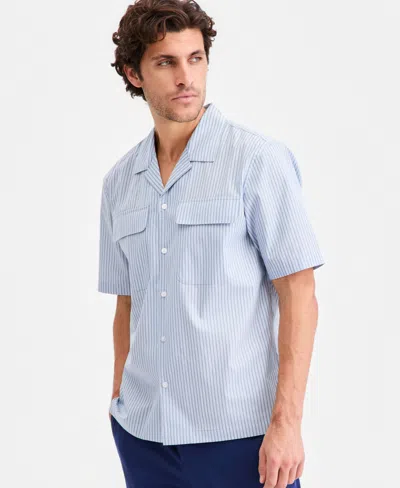 Alfani Men's Lucas Cotton Poplin Striped Camp Shirt, Macy's Exclusive In Blue