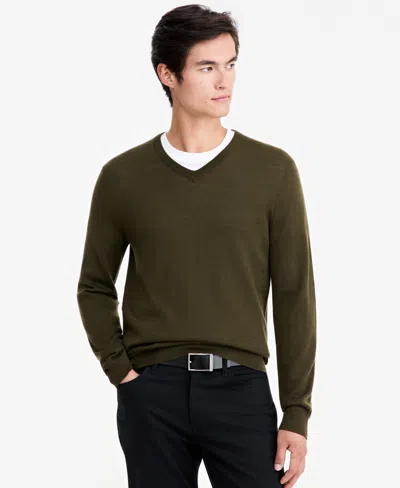 Alfani Men's Merino Wool V-neck Sweater, Macy's Exclusive In Green
