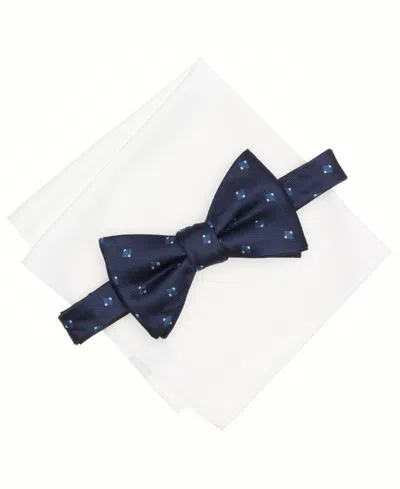 Alfani Men's Mini-pattern Bow Tie & Solid Pocket Square Set, Exclusively At Macy's In Blue