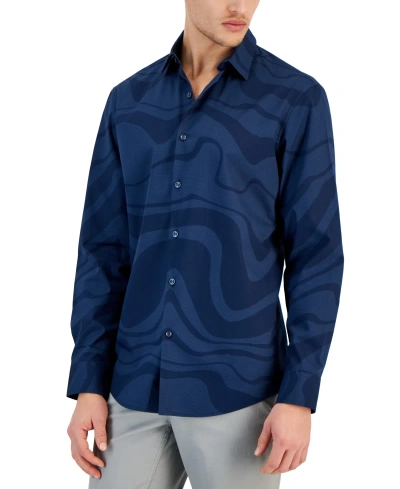 Alfani Men's Ocean Wave Regular-fit Stretch Printed Button-down Shirt, Created For Macy's In Navy Steel