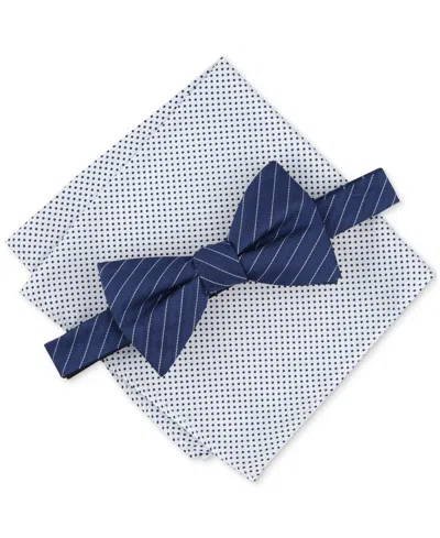 Alfani Men's Ozark Stripe Bow Tie & Dot Pocket Square Set, Created For Macy's In Navy