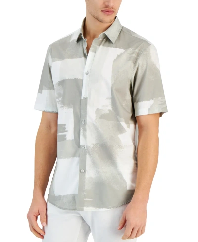 Alfani Men's Painted Blocks Regular-fit Stretch Printed Button-down Shirt, Created For Macy's In Grey Fog
