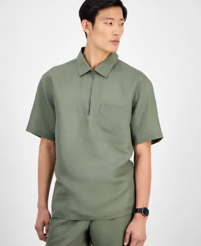Alfani Men's Quarter-zip Linen Shirt, Exclusively At Macy's In Green
