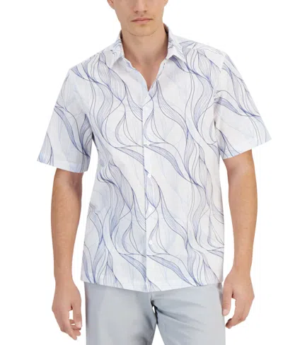 Alfani Men's Regular-fit Abstract Wave-print Button-down Shirt, Created For Macy's In Bright White