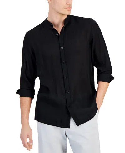 Alfani Men's Regular-fit Crinkled Button-down Band-collar Shirt, Created For Macy's In Deep Black