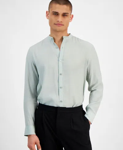 Alfani Men's Regular-fit Crinkled Button-down Band-collar Shirt, Created For Macy's In Mint Sugar