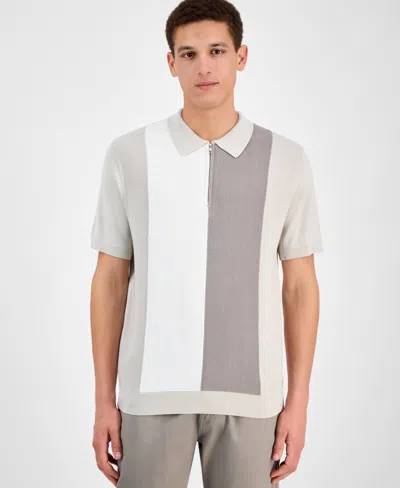 Alfani Men's Short Sleeve Quarter-zip Colorblocked Textured Polo Sweater, Exclusively At Macy's In White Tea