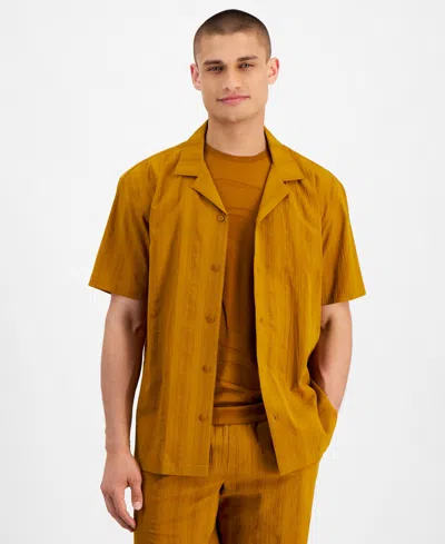 Alfani Men's Short Sleeve Textured Button-front Camp Shirt, Created For Macy's In Light Amber