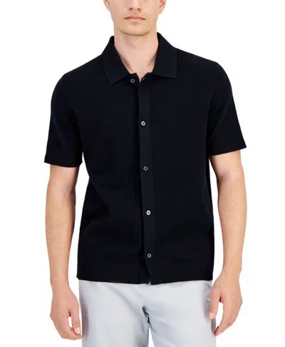 Alfani Men's Short Sleeve Textured Knit Button-down Polo Shirt, Created For Macy's In Deep Black