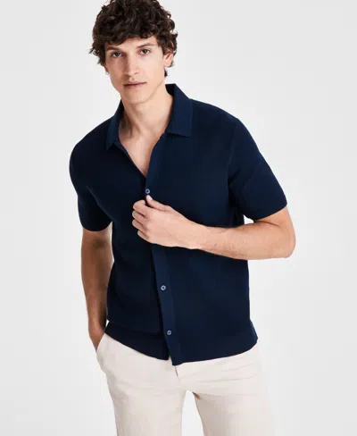 Alfani Men's Short Sleeve Textured Knit Button-down Polo Shirt, Created For Macy's In Neo Navy