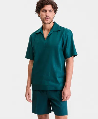 Alfani Men's Short-sleeve Johnny Collar Short-sleeve Shirt, Macy's Exclusive In Blue