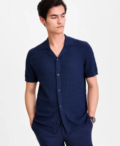 Alfani Men's Short-sleeve Textured Button Down Sweater, Macy's Exclusive In Blue