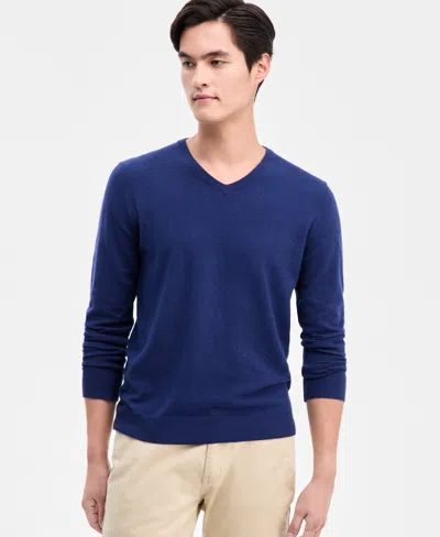 Alfani Men's Solid V-neck Cotton Sweater, Created For Macy's In Blue