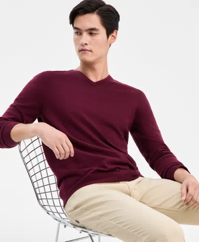 Alfani Men's Solid V-neck Cotton Sweater, Created For Macy's In Burgundy