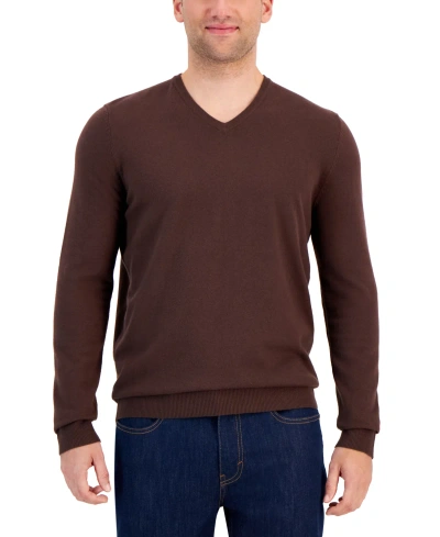 Alfani Men's Solid V-neck Cotton Sweater, Created For Macy's In Coffee Bean