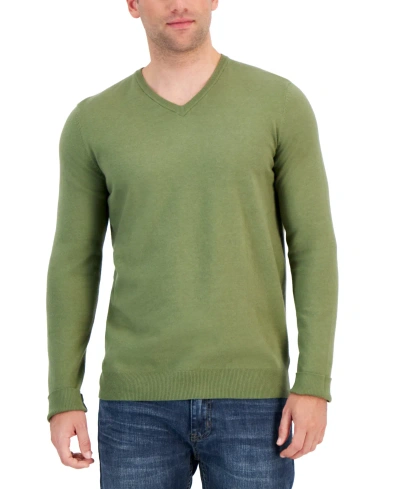 Alfani Men's Solid V-neck Cotton Sweater, Created For Macy's In Military Soil